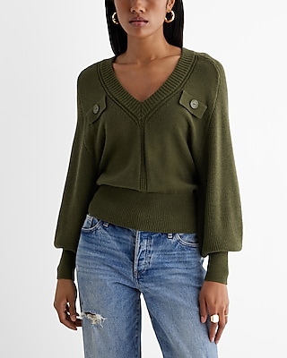 V-Neck Faux Pocket Banded Bottom Sweater Green Women's