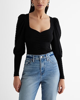 Sweetheart Neckline Puff Sleeve Sweater Black Women's M