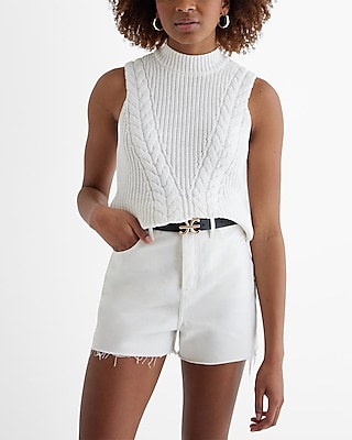Cable Knit Mock Neck Sweater Tank White Women's XS
