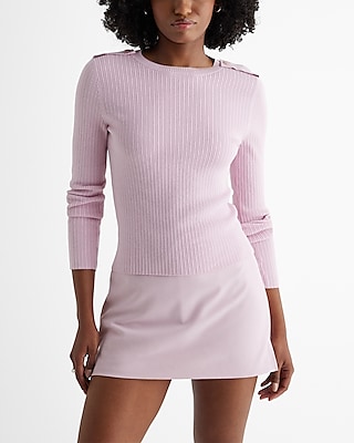 Ribbed Fitted Button Shoulder Sweater Pink Women's XS