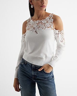 Lace Eyelet Cold Shoulder Sweater White Women's XS