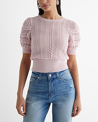 Crew Neck Puff Sleeve Open Stitch Ruffle Sweater