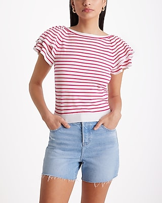 Striped Crew Neck Short Ruffle Sleeve Sweater