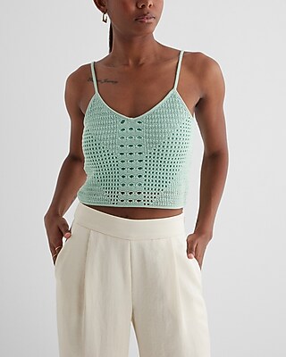 V-Neck Crochet Sweater Cami Green Women's XL