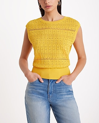 Crochet Crew Neck Sweater Vest Yellow Women's XS