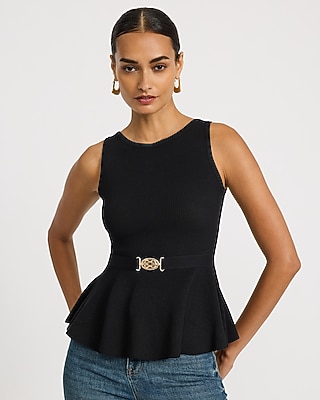 Ribbed Crew Neck Belted Peplum Sweater Tank