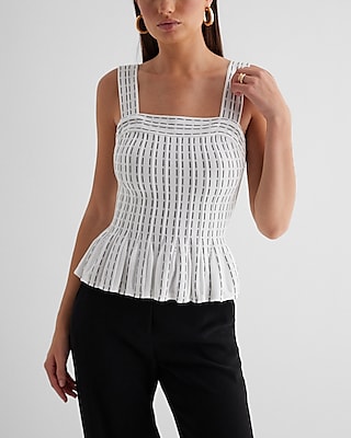 Printed Square Neck Pleated Peplum Sweater Tank