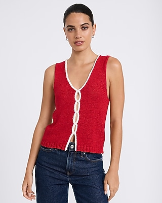 Tipped V-Neck Keyhole Front Sweater Tank