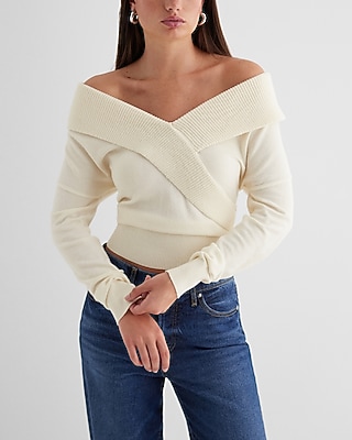 Off The Shoulder Surplice Sweater White Women's XS