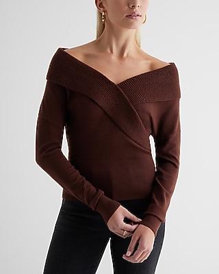Off The Shoulder Surplice Sweater Brown Women's XS