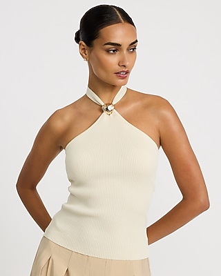 Ribbed Tie Halter Gold Hardware Sweater Tank