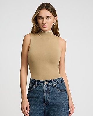 Express Women's Fitted Tipped Mock Neck Sleeveless Sweater in Tan
