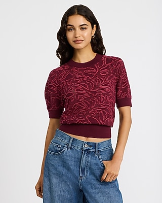Cotton Contrast Floral Crew Neck Puff Sleeve Sweater