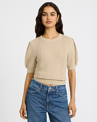 Cotton Textured Crew Neck Puff Sleeve Sweater