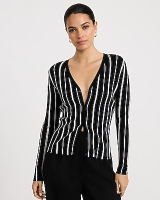Striped Fitted Ribbed V-Neck Cardigan