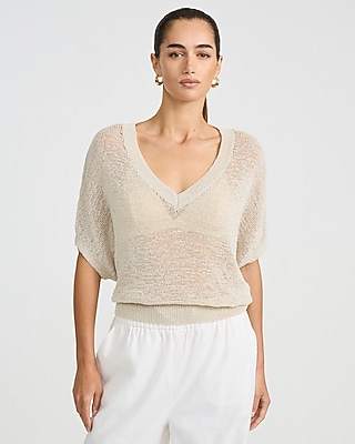 Sheer Textured Slub V-Neck Dolman Sleeve Sweater