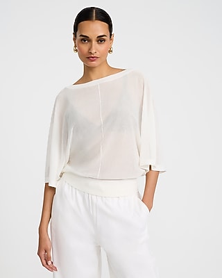 Sheer Boat Neck Dolman Sleeve Banded Sweater