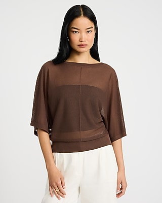 Sheer Boat Neck Dolman Sleeve Banded Sweater