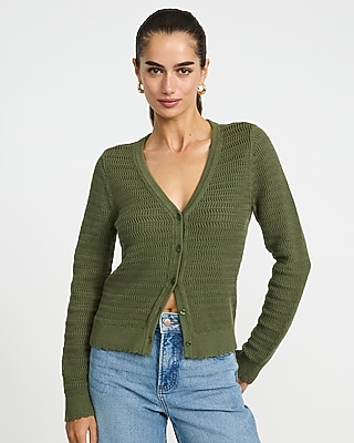 Cotton Pointelle V-Neck Long Sleeve Lightweight Cardigan