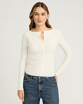 Fitted Ribbed Boat Neck Cardigan
