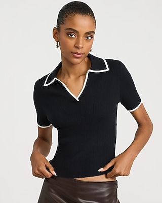 Tipped Johnny Collar Short Sleeve Sweater Polo in Airy Soft