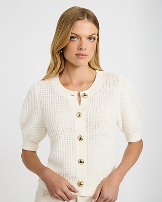 Cotton Textured Crew Neck Puff Sleeve Cardigan