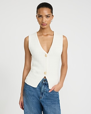 Cotton Textured V-Neck Gold Button Cutaway Sweater Vest