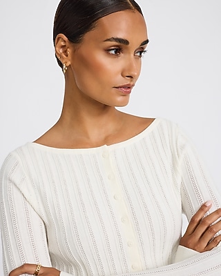 Pointelle Boat Neck Long Sleeve Sweater