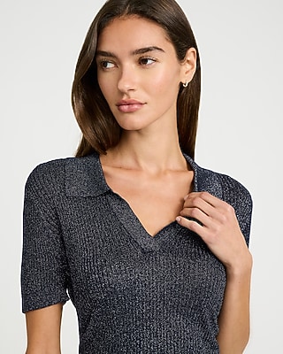 Metallic Johnny Collar Short Sleeve Sweater Polo