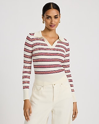 Striped Johnny Collar Long Sleeve Fitted Sweater Polo