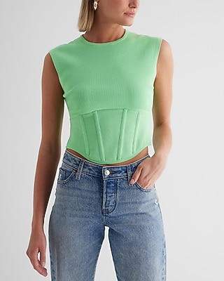 Fitted Crew Neck Corset Sweater Tank Green Women's XL