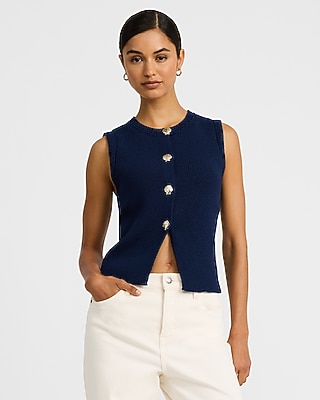 Crew Neck Novelty Button Front Sweater Vest