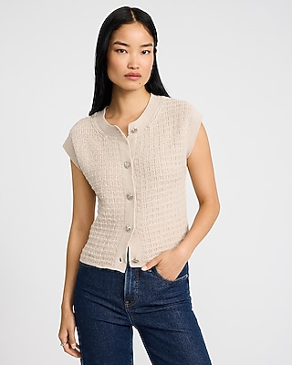 Textured Crew Neck Cap Sleeve Novelty Button Cardigan