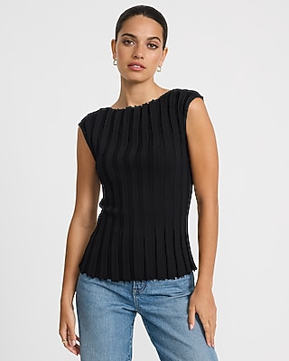 Ribbed Boat Neck Cap Sleeve Sweater
