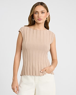 Ribbed Boat Neck Cap Sleeve Sweater