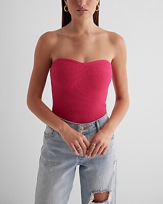 Ribbed Sweetheart Neckline Sweater Tube Top Pink Women's L