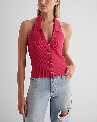Ribbed Halter Neck Sleeveless Polo Cardigan