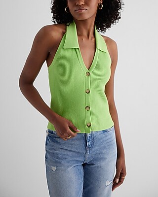 Ribbed Halter Neck Sleeveless Polo Cardigan Green Women's XL