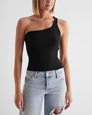 Ribbed One Shoulder Sweater Tank Black Women's L