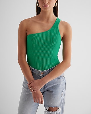 Ribbed One Shoulder Sweater Tank Green Women's XL