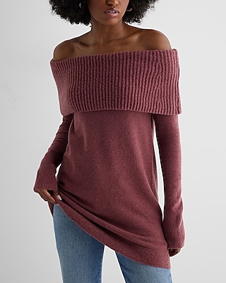 Ribbed Off The Shoulder Overlay Oversized Sweater Purple Women's