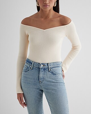 Fitted Ribbed Off The Shoulder Sweater White Women's XL