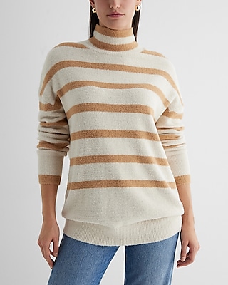 Striped Plush Knit Mock Neck Oversized Sweater Multi-Color Women's S