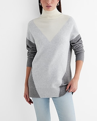 Color Block Turtleneck Tunic Sweater Gray Women's XL
