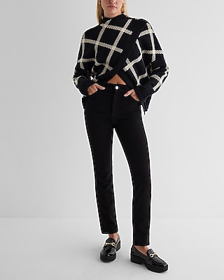 Plaid Mock Neck Cuffed Sleeve Crossover Sweater