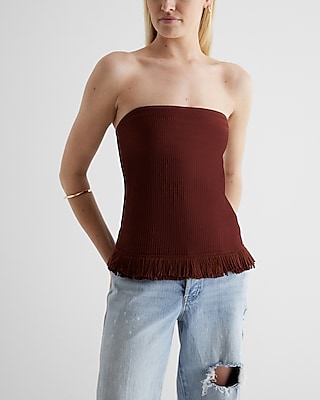 Ribbed Strapless Fringe Sweater Tube Top