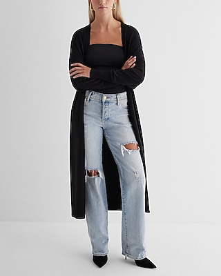 Dolman Sleeve Tie Waist Duster Cardigan Black Women's XS