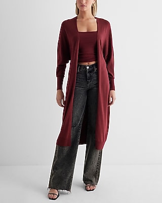 Dolman Sleeve Tie Waist Duster Cardigan Red Women's XL