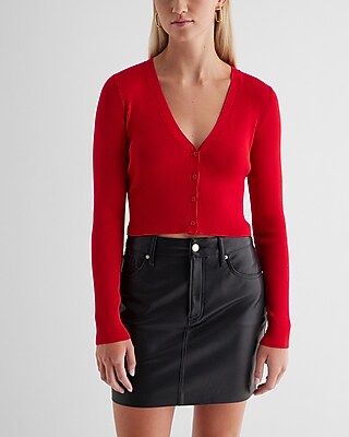 Fitted Ribbed V-Neck Cropped Cardigan Red Women's S