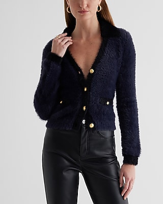 Tipped Faux Fur Novelty Button Cardigan Blue Women's XL